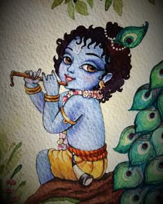 a drawing of a little boy playing the flute with peacocks in the back ground