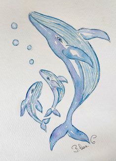 a drawing of two dolphins swimming in the ocean with bubbles coming out of their mouths