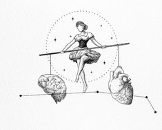 a drawing of a ballerina balancing on a tightrope between two human hearts