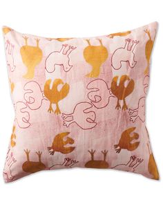 a pink pillow with orange and white animals on the front, along with an orange border