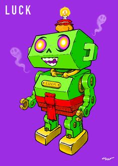 an image of a cartoon robot with steam coming out of its eyes and the words luck on it