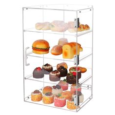 a three tiered display case holds many different types of pastries