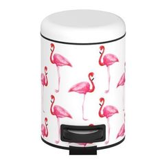 a white and pink flamingo canister with black handles on an isolated white background