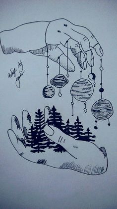 a drawing of two hands reaching for an object in the air with trees and planets hanging from them