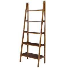 a wooden ladder shelf with three shelves on each side and one section missing the top