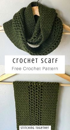 the crochet scarf is hanging on a clothes hanger with text overlay that says, free crochet pattern