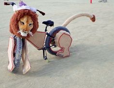 a lion costume riding a bike in the sand