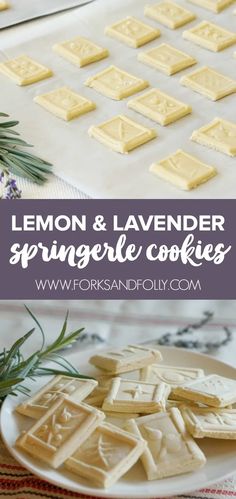 lemon and lavender sprinkled cookies on a white plate with rosemary sprigs