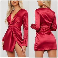 Shein Bae Twist Front Wrap Deep-V Split Hem Satin Mini Dress In Deep Red Ptp 17" Length 31.5" Brand New Without Tags Perfect Birthday Dress, Red Satin Dress, Twist Front Dress, Satin Long Sleeve, Clubwear For Women, Party Dress Long Sleeve, Dress Stores Online, Super Cute Dresses, Satin Mini Dress