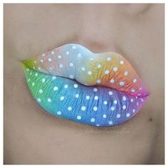 Pastel Rainbow Lip Art Covered with White Dots ~ Really Cute ... Rainbow Lips, Lip Art Makeup, Drag Make-up, Lipstick Designs, Orange Lips, Nice Lips, Lipstick Art, Crazy Makeup, Glitter Lips