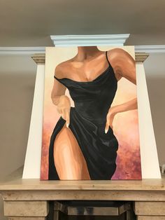 a painting of a woman in a black dress on a fireplace mantel above a mantle