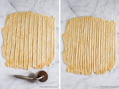 two pictures showing how to make an uncooked pizza crust