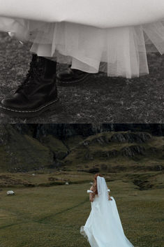 a bride and groom walking in the grass with their feet dangling from her wedding dress