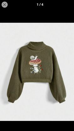 Goblincore Sweaters, Cute Sweaters Aesthetic, Sweater Types, Cutesy Clothing, Plant Clothes, Clothes Mushroom, Mushroom Clothes, Sweater Patches, Fairycore Mushroom