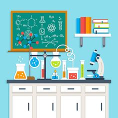 the science lab is full of colorful liquids and flasks, with bookshelves in the background