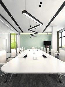 an empty conference room with white chairs and tables