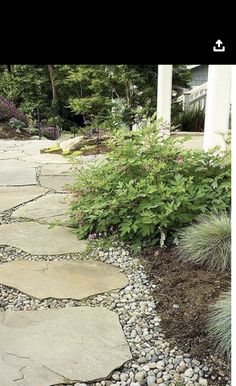 a stone path in the middle of a garden