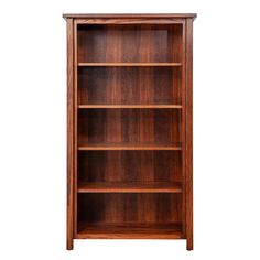 an empty wooden bookcase on a white background