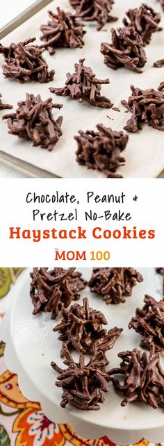 chocolate, peanut and pretzel no - bake haystack cookies on a plate