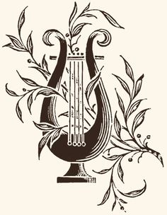 a black and white drawing of a musical instrument with leaves on the side, surrounded by vines