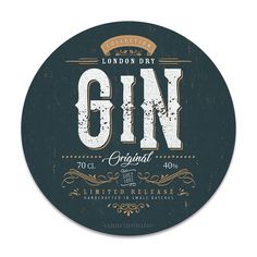 the london dry gin logo is shown on a dark blue circle with white lettering and gold trim