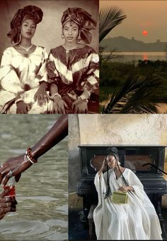 four different pictures with one woman sitting on a bench and the other two women standing in water