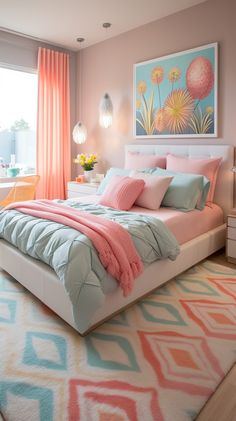 the bedroom is decorated in pastel colors