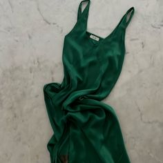 Ankle Length Work Once. Brand Is Italian Called Fil-Bec Green Silk V-neck Slip Dress, Chic Silk Slip Dress With Side Slits, Elegant Green Midi Dress With Side Slits, Green V-neck Maxi Dress With Side Slits, Fitted Green Silk V-neck Dress, Green Silk Midi Dress With Bias Cut, Green Silk Bias Cut Midi Dress, Chic V-neck Slip Dress With Side Slits, Chic Green Silk Dress With Bias Cut