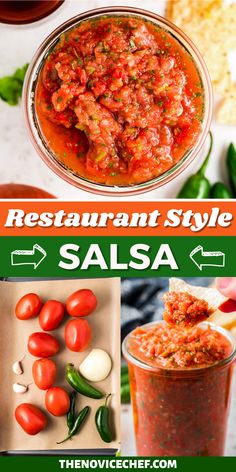 an advertisement for the restaurant style salsa with pictures of different foods and ingredients in it