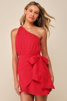 You'll never want those sunny days to end when you have a look as cute as the Lulus Forever Summer Red One-Shoulder Faux Wrap Mini Dress! Airy woven cotton shapes a single wide strap (with a gathered detail at the shoulder) that supports a bodice with a one-shoulder neckline and a fitted waist. Skirt has a faux-wrap design and boasts a large tying sash at the side, finishing at an overlapping mini hem. Hidden zipper/clasp at side. Fit: This garment fits true to size. Length: Mid-thigh. Size medi Single Wide, Wrap Mini Dress, Lulu Fashion, Hoco Dresses, Red Mini Dress, Mini Wrap Dress, Woven Cotton, Dress 100, White Mini Dress