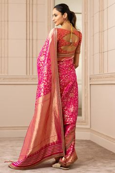 Fuchsia Kashmir brocade saree with a floral pattern all-over. Comes with a unstitched blouse fabric. Component: 2 Pattern: Woven Type Of Work: Floral Fabric: Brocade Color: Pink Other Details:  Note: Blouse worn by the model is not for sale Occasion: Wedding - Aza Fashions Tarun Tahiliani Saree, Saree Women, Brocade Saree, Indian Colours, Saree For Women, Embroidered Saree, Tarun Tahiliani, Saree Trends, Indian Fashion Designers