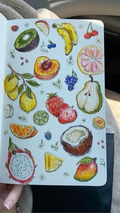 a person holding a notebook with fruit drawings on it