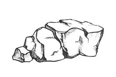 hand drawn illustration of rocks or boulders on white background, sketched in black and white