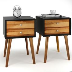 two black and wood nightstands side by side with an alarm clock on each one