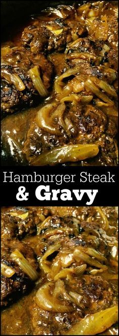 hamburger steak and gravy in a skillet