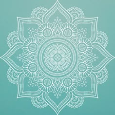 a blue and white drawing of a flower on a light green background with an intricate design in the center