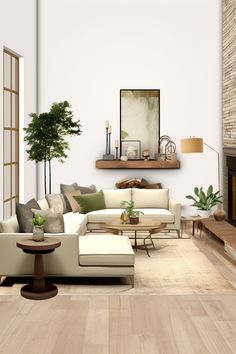 a living room filled with furniture and a fire place in front of a brick wall