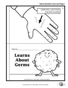 a coloring page with the words learn about germs and an image of a hand holding