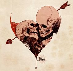 two skulls in the shape of a heart with an arrow sticking out of it's side