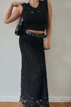 hyper feminine outfits, coquette aesthetic, elevated casual outfit, spring 2024 fashion trends, coquette outfit, spring outfit, 2000 y2k,  old money outfits, 90s dark feminine, fairy grunge,  european summer outfits, super cute outfits, summer outfits aesthetic, Layered Maxi Skirt, Grunge Skirt, Lace Layers, Lace Maxi, Black Lace