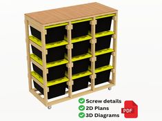 a wooden shelf with black and yellow bins on it next to the text screw details 3d plans