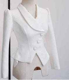 Designer White Blazer For Semi-formal Occasions, Designer White Blazer For Semi-formal Events, Luxury White Formal Skirt Suit, Elegant White Blazer With Button Closure, Luxury White Blazer With Structured Boning, Cotton Tops Designs, Long Blouse Designs, Burmese Clothing, Stylish Outfits Casual