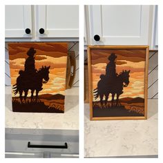 two pictures of cowboy silhouettes on horses in the sunset, one is made out of wood