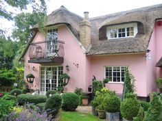 a pink house with lots of potted plants around it