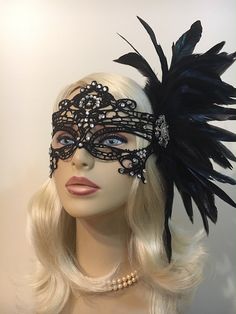 "Black Lace Masquerade Mask with Feathers and Crystals, Women's Lace Mask, Masked Ball, Wedding Masquerade Masks, Bridal Wedding Mask Beware of cheap imitations that use glue! This is an original design by IceGreenEyes. Stiffened and lace mask will not sweat your face like the cheap plastic ones. The mask is also shaped so you have lots of room around the eyes instead of a skinny slice. These masks are hand stitched, not held together with sticky glue that will heat up and fall apart before the Black Masquerade Mask For Wedding Carnival, Elegant Fitted Masquerade Mask For Mardi Gras, Black Wedding Headpiece For Carnival, Elegant Fitted Masquerade Mask For Costume Party, Wedding Masquerade Mask With Rhinestones, Masquerade Carnival Headpiece, Elegant Masquerade Mask For Party, Elegant Fitted Masquerade Mask For Party, Elegant Wedding Masks