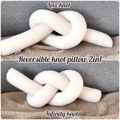 two pictures showing how to make a knot for a dog bed or cat bed with the instructions below