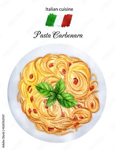 an italian cuisine poster with pasta and basil leaves on the plate in front of it