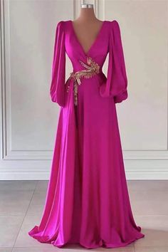 Dark V-Neck Prom Dress with Embellishment in Fuchsia Long Sleeves A-Line V Neck Prom Dresses, A Line Prom Dresses, Satin Prom Dress, Prom Dresses Long With Sleeves, Glam Dresses, Long Prom Dress