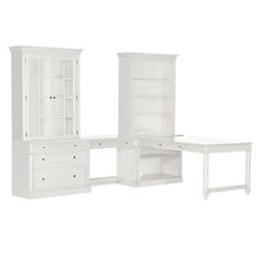 a white desk and hutch with drawers on each side, including a bookcase