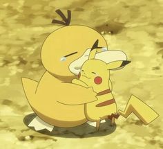 a pikachu hugging another pokemon character on the ground